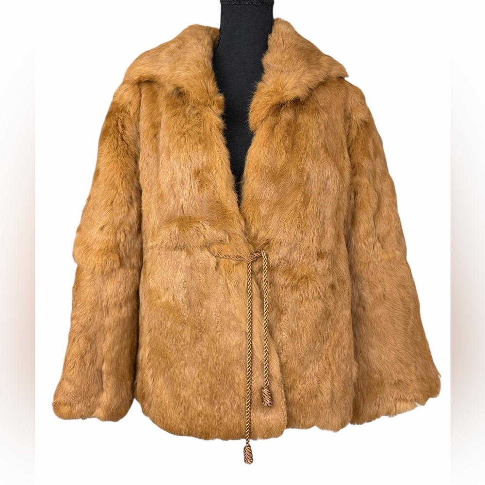 Vintage Rabbit Fur Coat Tan Brown Real‎ Fur Jacket Double Hook Closure Pockets